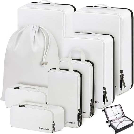 Compression Packing Cubes, Lumesner 8 Set Travel Essentials Packing Cubes for Carry on Suitcases, Compression Suitcase Organizers Bag Set & Travel Cubes (8-piece, White)