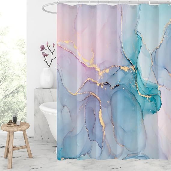 Gibelle Abstract Marble Shower Curtain, Watercolor Pink Turquoise Shower Curtain for Bathroom, Modern Ink Art Decor Waterproof Fabric Shower Curtain Set, 71x71