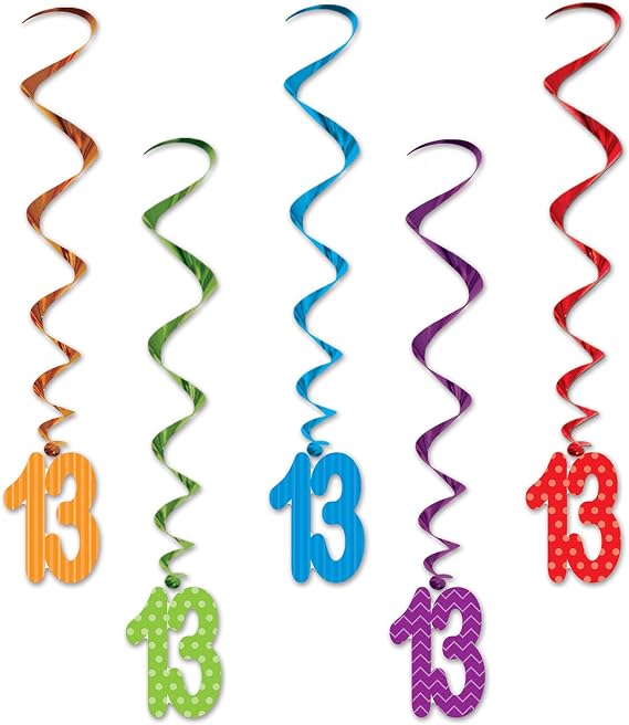 Beistle Number 13 Whirls 5 Pack Colorful Hanging Spiral Decorations with Double-Sided Number Thirteen Cutouts for Teen Birthday Parties, Milestone Celebration Decor and Ceiling Displays, 3 Foot