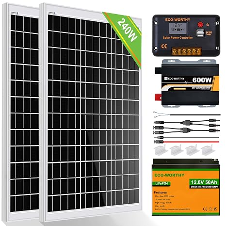 ECO-WORTHY 240W Off Grid Solar Panel Kit 12V 1kWh/Day for Motorhome Boats: 2pcs 120W Solar Panels+50Ah LiFPO4 Battery+30A Charge Controller+600W Inverter