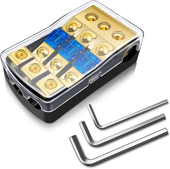 3 Way Mini ANL Fuse Holder, Copper 0/2/4 Gauge to 4/6/8 Gauge 60 Amp Fuse Distribution Block for Car Truck Boat Audio Stereo Amplifier