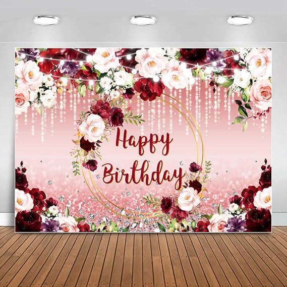 Sensfun Burgundy Floral Birthday Backdrop Pink Rose Gold Flower Glitter Dots Happy Birthday Banner Photography Background for Women Girls Bday Party Decorations Supplies Photo Booth Backdrops 10x6.5ft