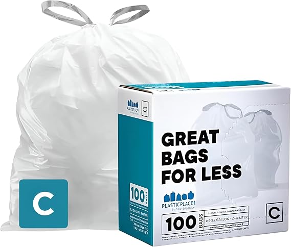 Plasticplace Drawstring Trash Bags, Compatible with simplehuman Code C, 100 Count, White Garbage Liners 2.6-3.2 Gallon, 10-12 Liter, 14.75" x 20"