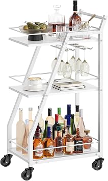 YATINEY Bar Cart, 3-Tier Home Bar Serving Cart with Wheels, Drink Cart with Glass Holder, Beverage Cart, Rolling Kitchen Cart, for Home, Living Room, White BC03WW