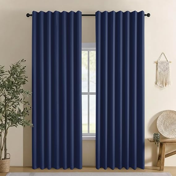 Linen 100% Blackout Curtains for Bedroom, Black Out Curtains 45 Inch Long 2 Panels Set, Back Tab/Rod Pocket Curtain for Living Room, Thermal Blackout Curtain(52" W X 45" L, Navy Blue)