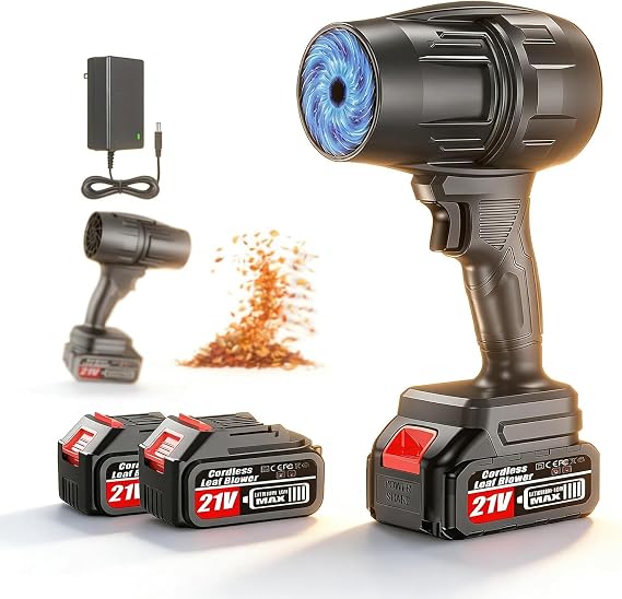 Electric Cordless Leaf Blower, 550000RPM Lightweight Handheld Dust Blower with 2 Battery & Charger, Adjustable Speed, High-Speed Motor Leaf Blowers for Lawn Care, Garage/Patio/Car Cleaning