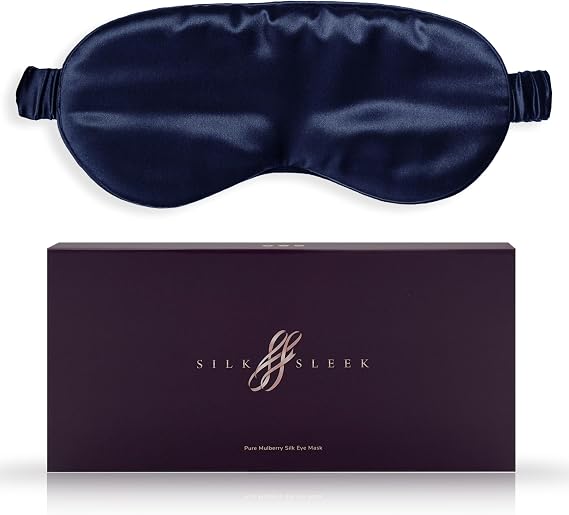 Eye Mask for Sleeping, 22 Momme Pure Mulberry Silk Sleep Mask Filled with 100% Pure Silk, Travel Essentials, Super Soft & Comfortable Blackout Eye Mask in Gift Box… (Navy Blue)