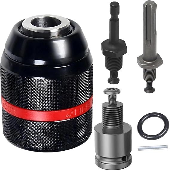 Multi - Function 1.5-13mm Self-Tighten Keyless Drill Chuck with 1/2-20UNF Mount, Complete with 3/8" SDS - Plus Shank, 1/4" Hex Shank & 1/2" Impact Wrench Adapter