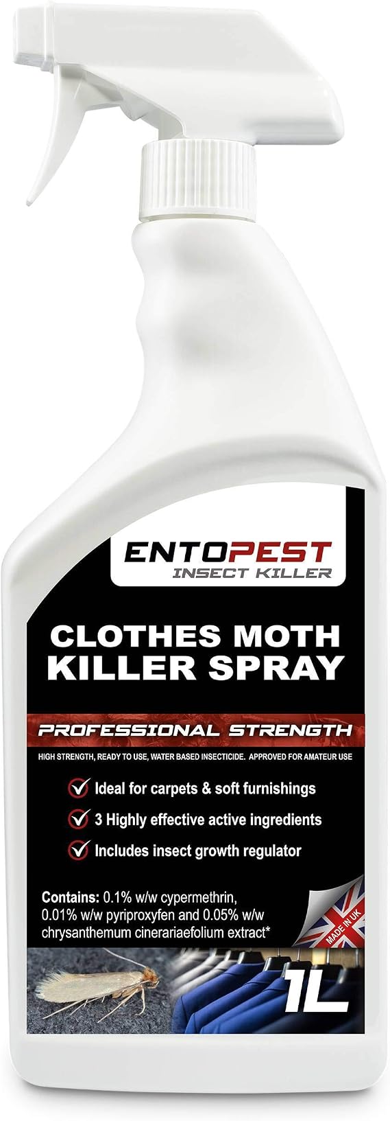 Entopest- 1L Moth Killer Spray | Professional Strength | Fast-Acting Moth Repellent For Wardrobes, Carpet, Textile Webbing and Surface Control Pest Control Products | Carpet moth killer