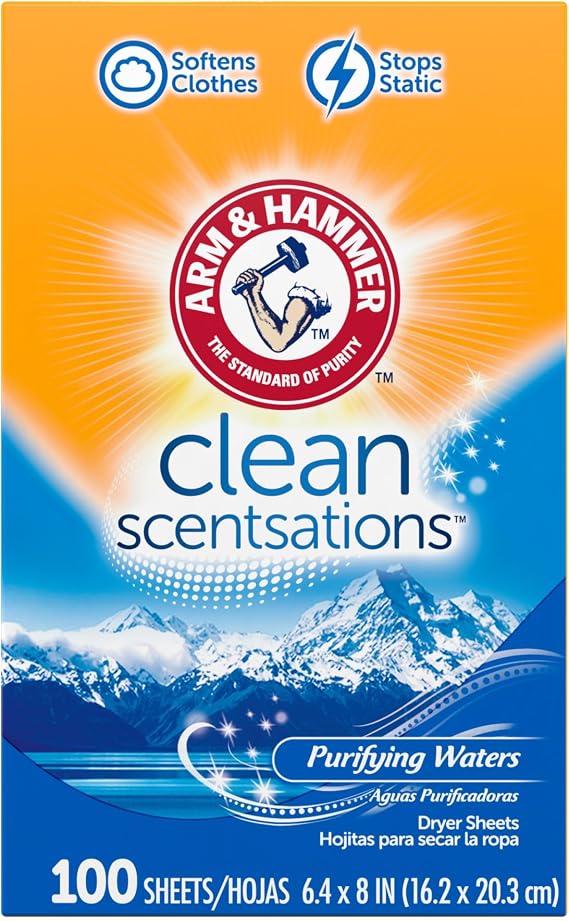 ARM & HAMMER Fabric Softener Dryer Sheets, Purifying Waters, 100 Count | Softens Clothes, Reduces Static Cling, Long-Lasting Freshness