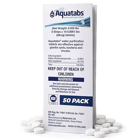Aquatabs 49mg Water Purification Tablets (50 Pack). Water Filtration System for Hiking, Backpacking, Camping, Emergencies, Survival, and Home-Use. Easy to Use Treatment and Disinfection.