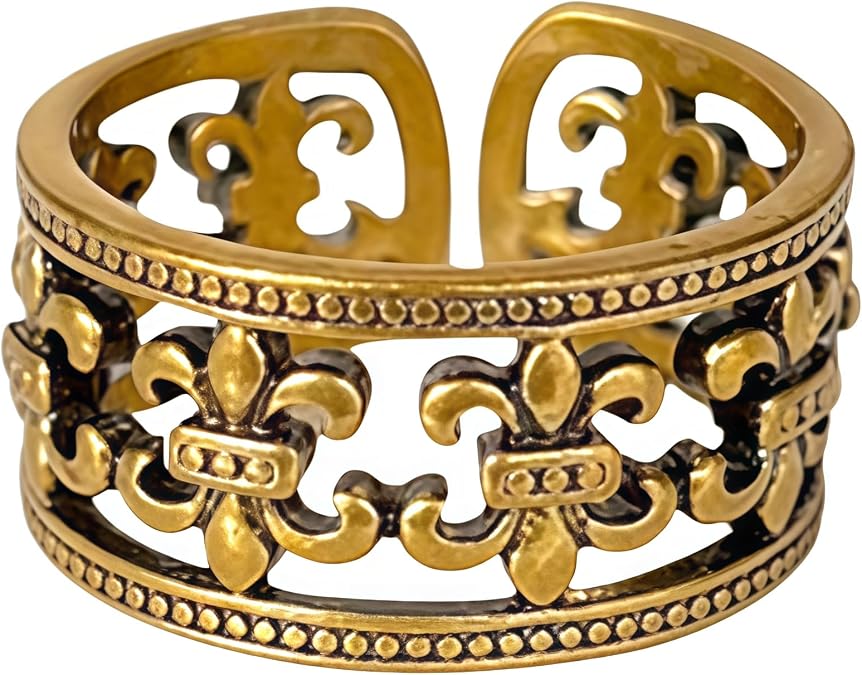 Vintage Gold Floral Open Ring for Women, Adjustable Bohemian Cuff Ring Elegant Fleur-de-Lis Pattern Design Retro Statement Jewelry