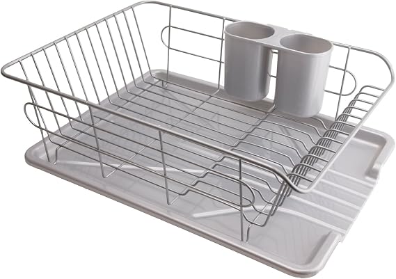 Pearl Metal Aldeo H-5687 Metal Dish Drying Rack with Tray that Drains Water, Horizontal Placement, Gray