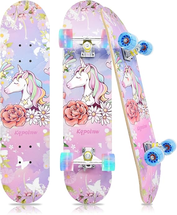 Standard Skateboards with Colorful Flashing Wheels for Beginners, Kids,Teens, 7 Layer Maple Complete Skateboard for Girls Boys, 31" x 7.8" Double Kick Concave Kids skateboard with Skate T-Tool
