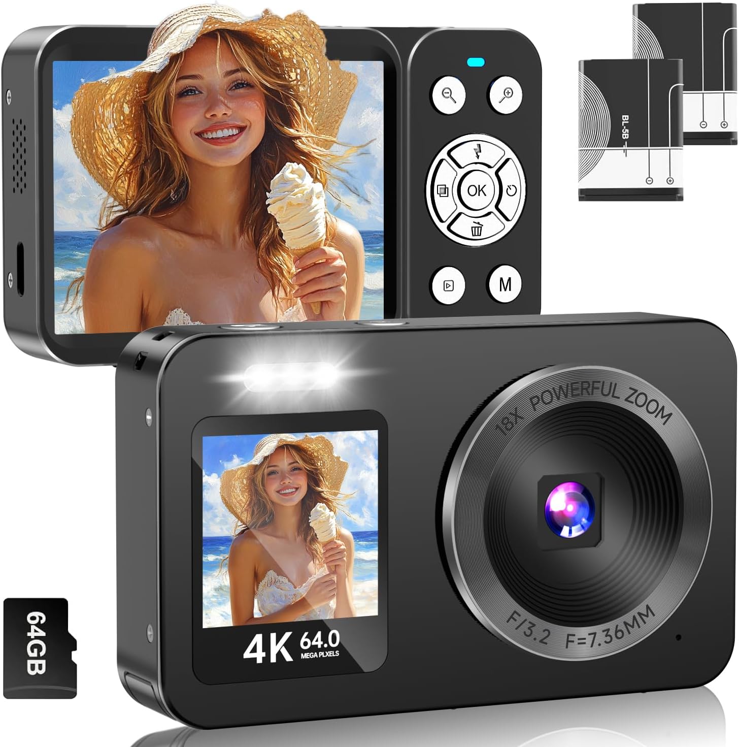 Digital Camera, 4K, 64 Megapixels, 30 FPS Digital Camera, 64 GB with TF Card, 18 X Digital Zoom, 2.8 Inches, IPS Screen, AF Autofocus, Rechargeable YouTube Camera, Beginners, Webcam, Children
