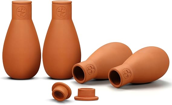Soilagua 16オンス Olla 植物散水地球儀、テラコッタ散水ポットシステム、屋外および屋内植物用自己散水プランターインサート 休暇用植物散水装置スパイク 散水器 4パック
