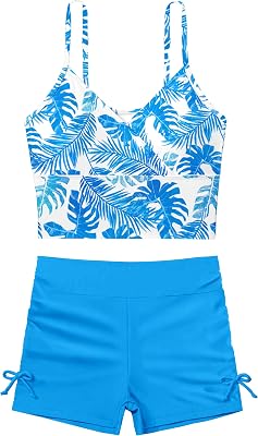 KANGKANG Girls Teen Floral Print Tankini 2Pcs Set V-Neck Blue High Rise Boyshort Swimsuits