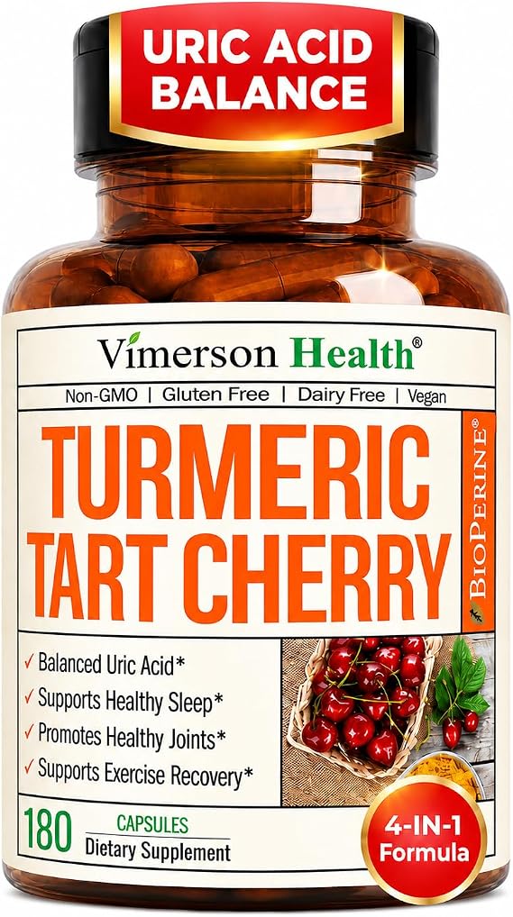 Tart Cherry Capsules 4-in-1 Turmeric Tart Cherry Supplement for Uric Acid Balance & Joint Health 10:1 Tart Cherry Extract Capsules with Celery Seed, Turmeric Curcumin & Black Pepper 180 Count
