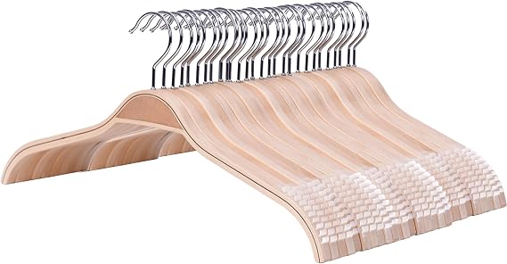 Non Slip Wooden Hangers 30 Pack, Lightweight Slim Wood Clothes Hangers with Rubber Teeth, Space Saving Coat Hangers for Sweaters, Camisoles, Dresses, Jackets (16.5" W x 7.9" H)