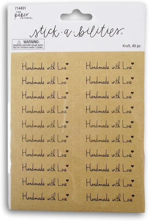 40 Handmade with Love Stickers -Script on Brown Craft Background