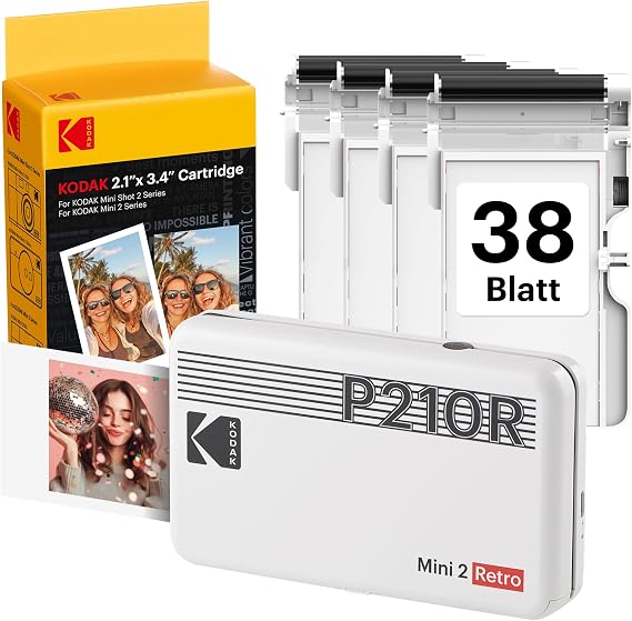 KODAK Mini 2 Retro 4PASS Mobile Photo Printer 5.3 x 8.6 cm Pack of 68 Sheets White