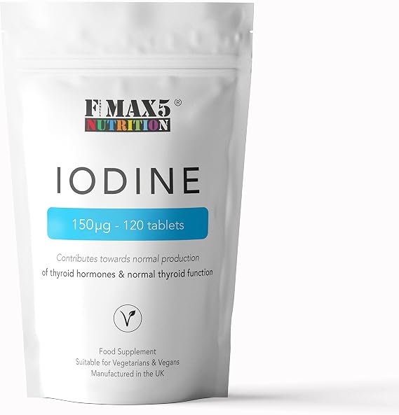 Iodine 150mcg 120 Tablets | High Strength Natural Source of Iodine from Potassium Iodide | Pregnancy Health & Thyroid Supplement | Vegan | UK Made | Fmax5 Supps