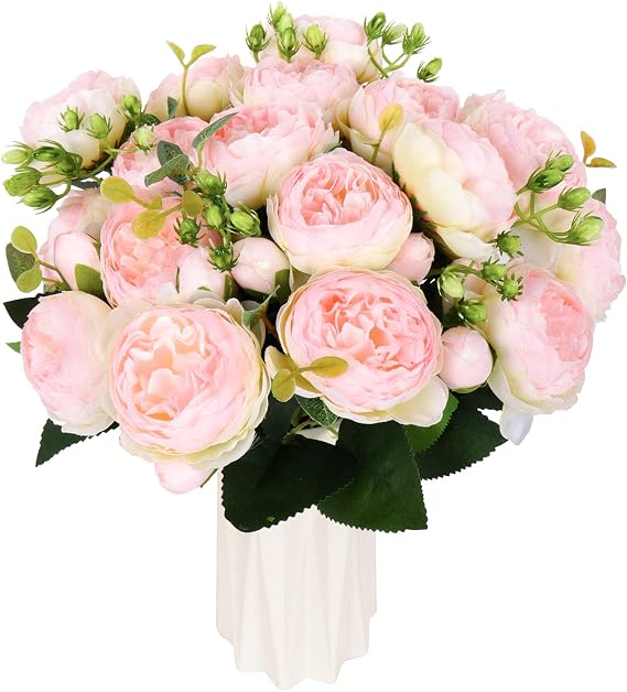 4 Bundles Peonies Artificial Flowers, Fake Silk Peonies Bouquet of Flowers for Home Decor Faux Floral Table Centerpieces for Kitchen Bathroom Wedding Party Decor(Light Pink)