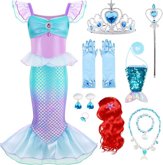 Girls Little Mermaid Costume Dress Up for Halloween Cosplay Party 3-7 Years