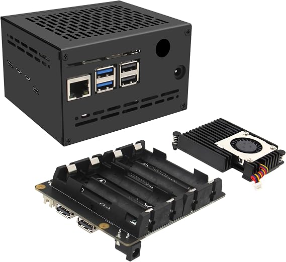 Geekworm X1202 4-Cell 5V UPS Shiled+X1202-C1 Metal Case+Active Cooler H505 for Raspberry Pi 5| Max 5.1V 5A Output|Wide 6-18V Input|Auto Power On|Safe Shutdown|Power Loss Detection...