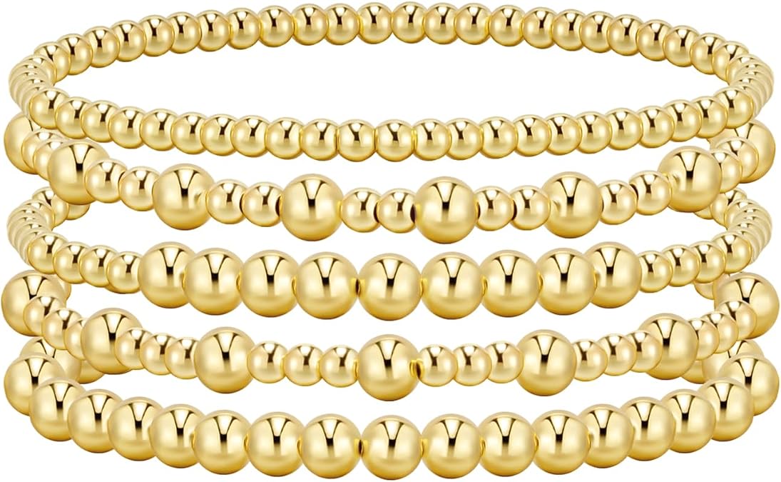 adoyi Gold Bracelets for Women Beaded Bracelet 14K Gold Plated Bracelet Stack Strand Stretch Bead Ball Bracelet Set Stackable Bracelet Adjustable Bracelet Set Jewelry for Gifts