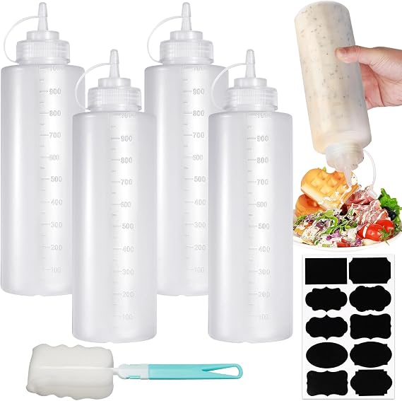4Pcs Sauce Bottle 1000Ml, Squeezy Bottles with Nozzles, 32oz