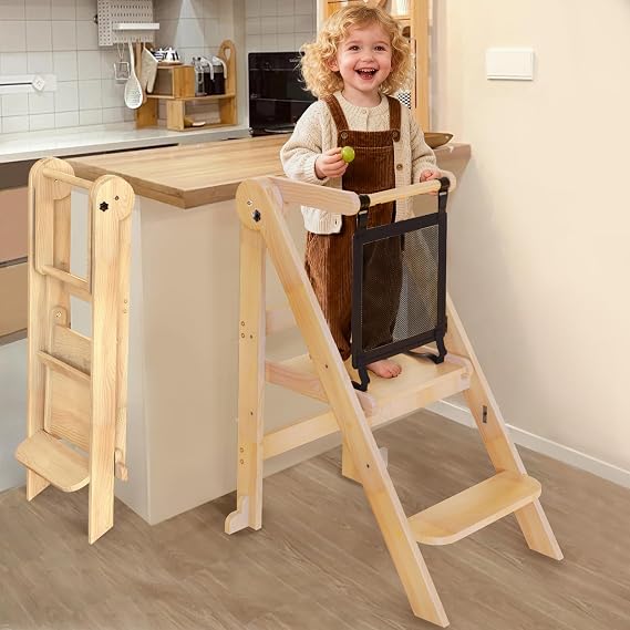 Foldable Toddler Tower with Safety Nets, 3 Adjustable Height Learning Tower | FSC-Certified Wooden , Stable Foot Pads , Safety Rail,Space Saving ,18 Months to 6 Years , for Kitchen, Bathroom, Study Room