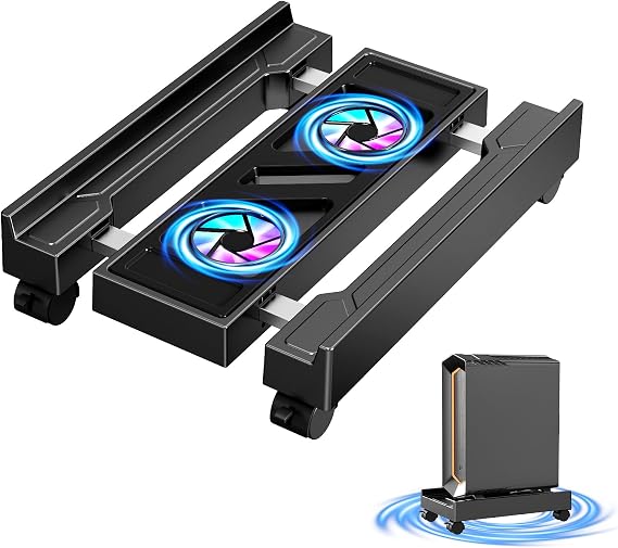 CABTE Computer Tower Stand with Cooling Fan, Adjustable Mobile CPU Holder
