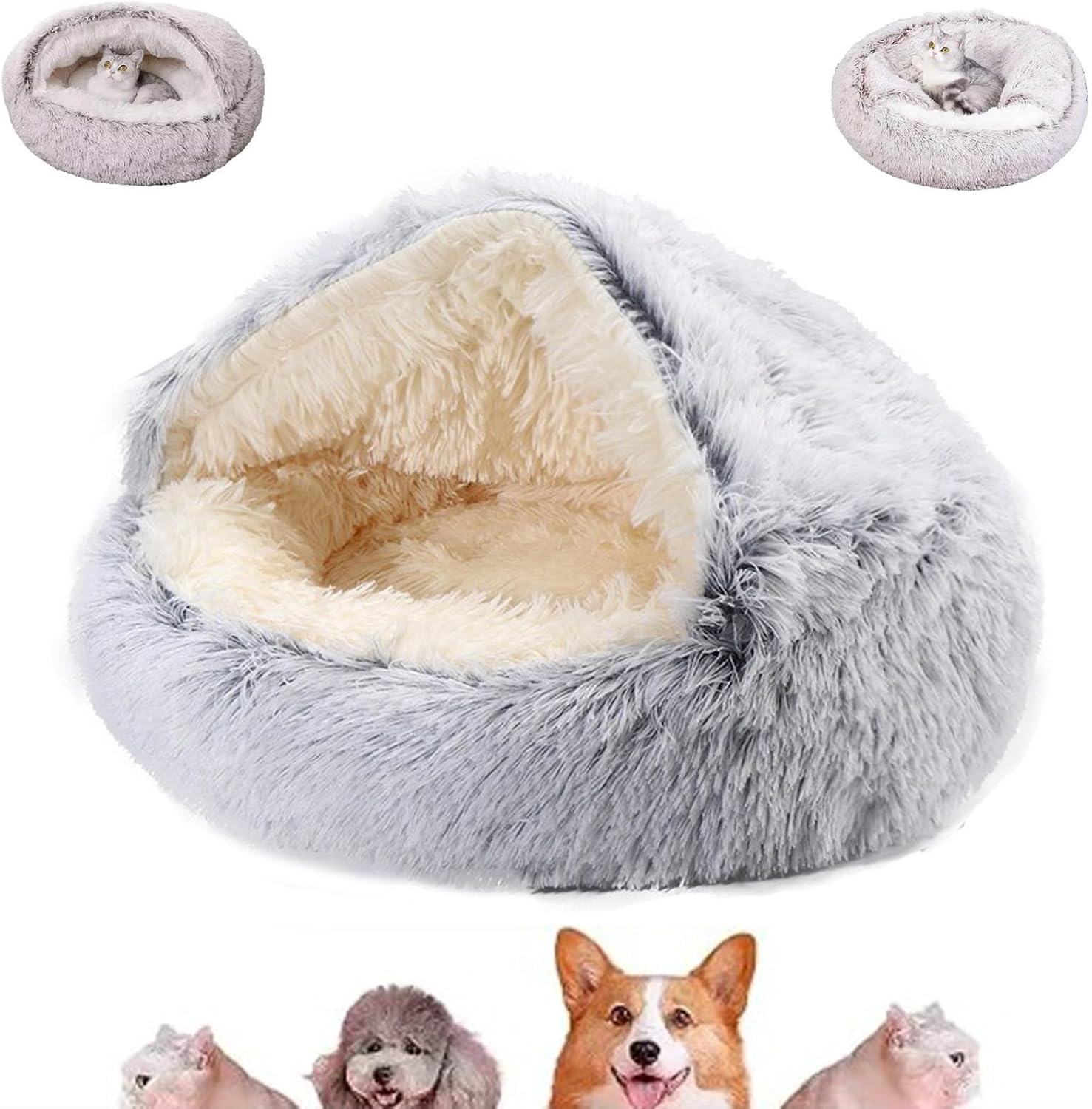 Cozy House Dog Bed, Cozy Nook Plush Dog Bed, Cozy Cocoon Dog Bed with Cover Cave, Pet Cave Beds for Small Dogs Snooze Sleeping Gray, 40cm15.74 in