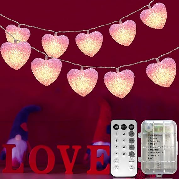 Pink Heart String Lights Battery Powered 6.8Ft Valentine's Day Lights 10 LED Heart Shaped Light Shatterproof with Timer, Valentines Light Indoor for Outdoor Home Christmas Wedding Valentines Decor