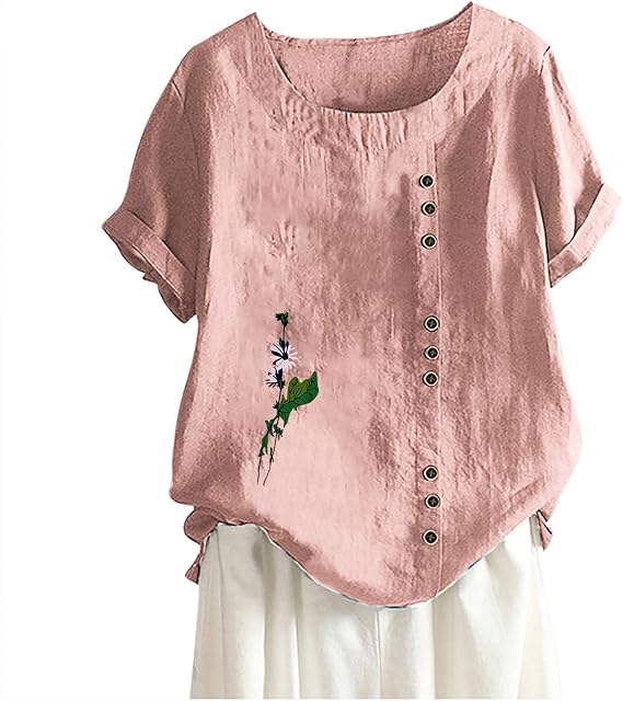 Cotton Linen Tops for Women Casual Summer Button Dandelion Print Short Sleeve T-Shirt Loose Fit Round Neck Blouses