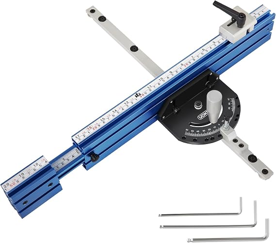 Table Saw Miter Gauge Fence w/11 Preset Angle Stops | Standard 3/4x 3/8 T-Slotted Miter Bar, Precision Miter Gauge for Table Saw Kit w/20-36 inch Telescoping Aluminum Fence