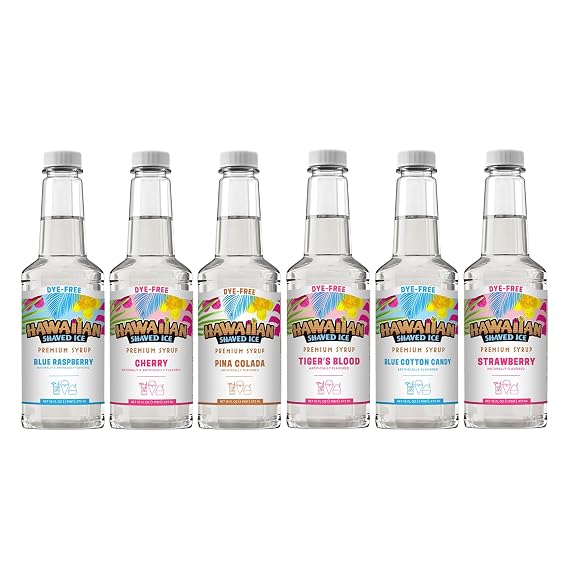Hawaiian Shaved Ice Syrup Assortment, 6 Pack Dye-Free Flavors | Pina Colada, Cherry, Blue Raspberry, Blue Cotton Candy, Tiger's Blood, Strawberry
