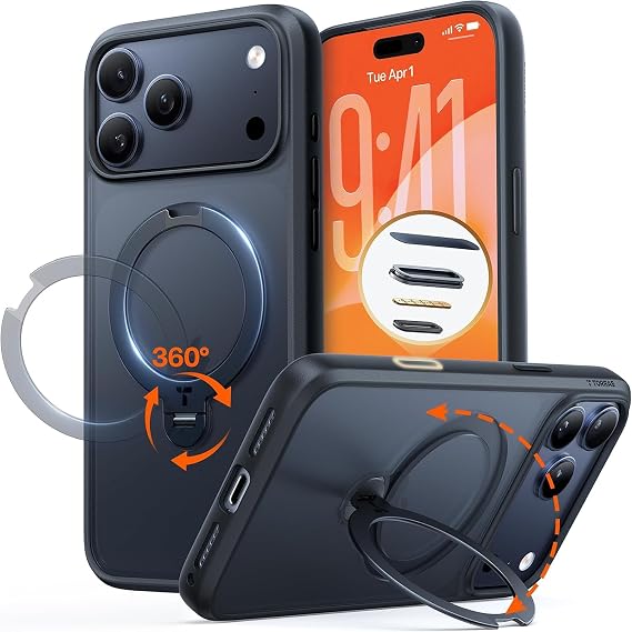 TORRAS Q3 360 Spin iPhone 17 Pro Max için Manyetik Stand, Magsafe ile Uyumlu, Askeri Sınıf Koruma, Kamera Kontrolü, Dahili Kickstand 17 Pro Max Telefon Kılıfı 6,9 inç, Siyah