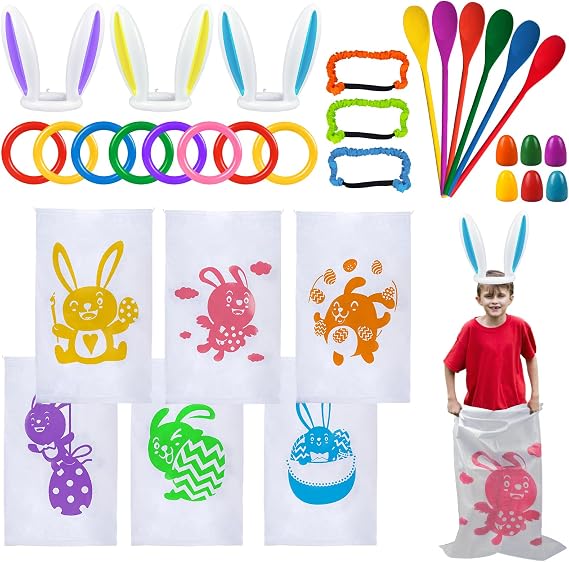 digi Easter Games for Kids and Family- 33 Pcs Potato Sack Race Bags,Egg and Spoon Race,Legged Relay Race Bands Easter Gifts Toys for Kids Outdoor Eggs Hunt Party Favors Activities(Over 3 years old)