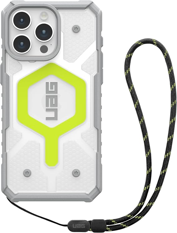 URBAN ARMOR GEAR UAG Designed for iPhone 15 Pro Max Case Pathfinder Clear Active Neon Bundle with UAG Paracord Lanyard Adjustable Wrist Strap Neon Black