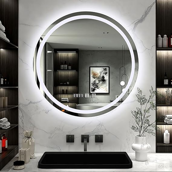 Round Waterproof LED Bathroom Mirror,Modern Bathroom Vanity Mirror,with Touch Dimmable Switch, Smart Illuminated Anti Fog LED Light Mirror Vanity Explosion-Proof Mirror