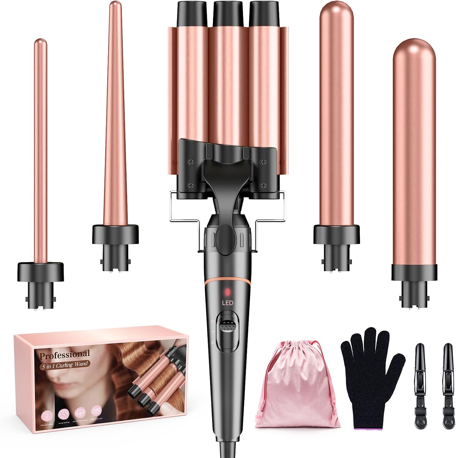 Curling Iron Set 3 Barrels 5-in-1 Bestope Pro Curling Irons Large Curls Ceramic Curlers with Various Gloves 2 clips