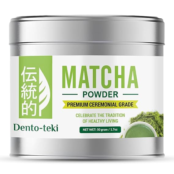 Dento-teki Ceremonial Grade Matcha Powder 50g Stone-Ground Green Tea Powder Rich Umami Flavor, Vibrant Green For Matcha Lattes & Smoothies 50 Servings Resealable Tin