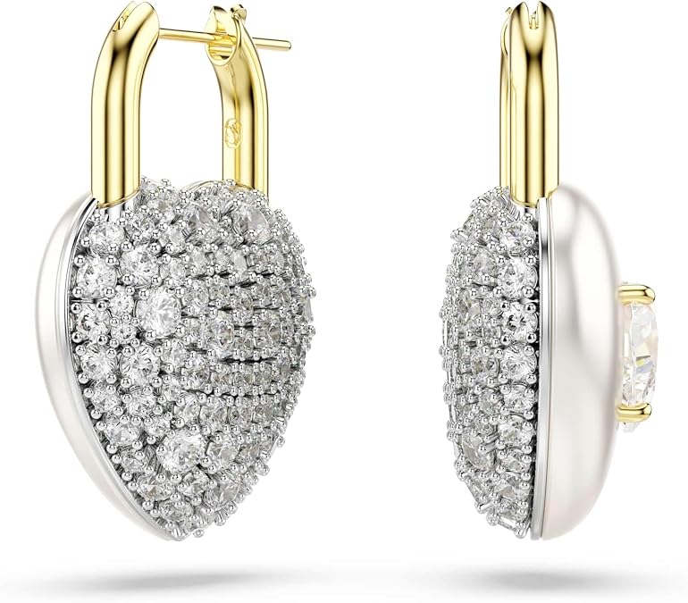 Swarovski Idyllia drop earrings, Mixed cuts, Heart, White, Gold-tone plated