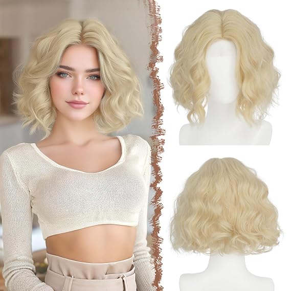 FESHFEN Short Wavy Bob Wig for Women -11 Inch Lace Front Hairline Middle Part Wavy Curly Natural Looking Synthetic Wig for Daily Party Costume, Blonde Highlights