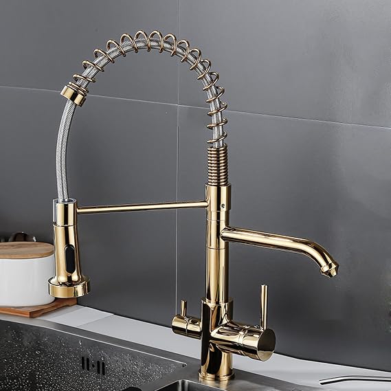XJTNLB Drinking Water Tap 3 Way Gold Filter Tap for Kitchen Sink Spring Tap Kitchen Sink 3 in 1 Pull Out 360° Swivel-C
