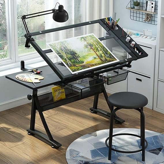 Height Adjustable Artists' Drafting Table with Stool - Perfect Work Station for Artists - Tempered Glass Top, 2 Drawers - Tiltable Draft Desk for Reading, Drawing, Writing - by Drafting Tables