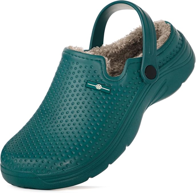 Hsyooes Mens Womens Fur Lined Clogs Winter House Slippers Waterproof Garden Shoes Slip On Home Slipper Non-Slip Mules Shoes Green,6.5 Women/5 Men,Label Size 37