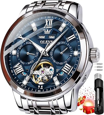 OLEVS Mens Automatic Watches Gold Skeleton Tourbillon Self Winding Mechanical Stainless Steel Waterproof Dress Wristwatch